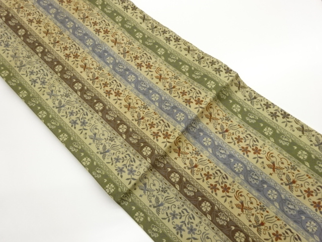 縞に花喰い鳥模様織出し名古屋帯